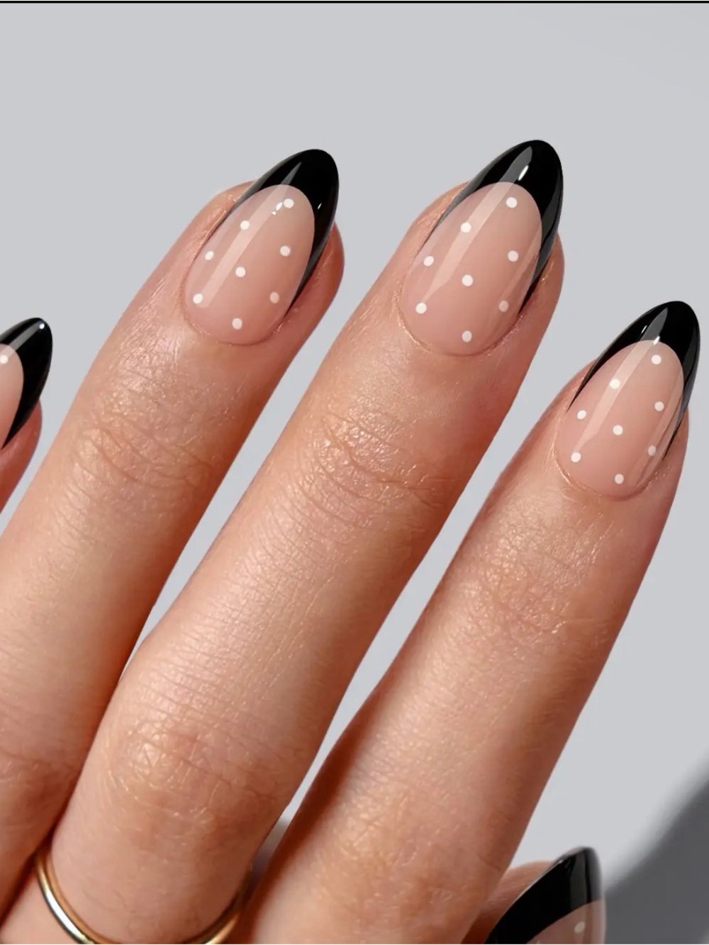 A484 Classic Black French Tip Press-On Nails with White Polka Dot Accent